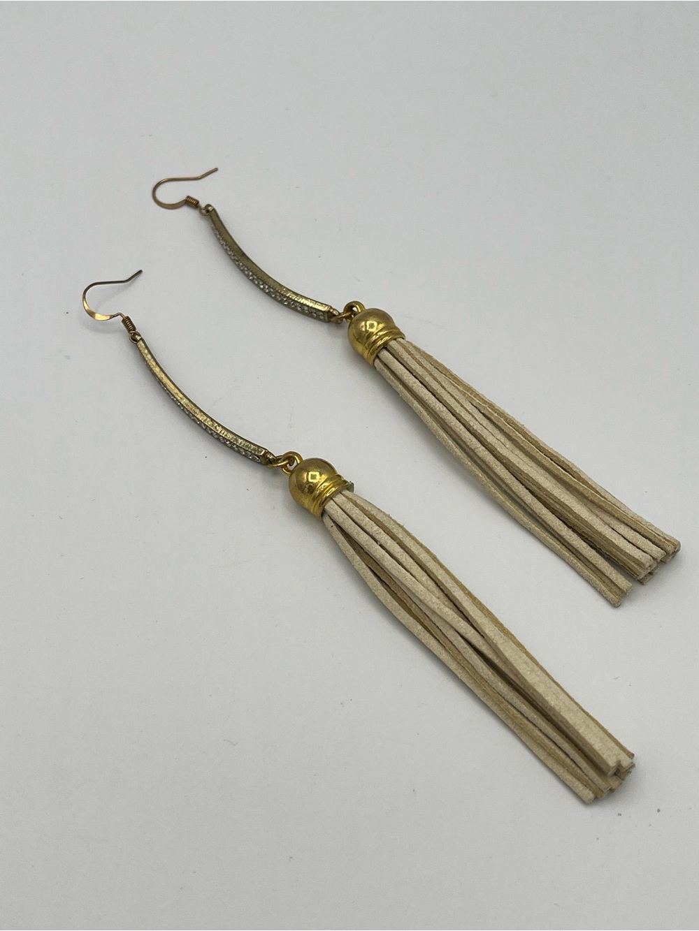 Cream Faux Leather Fringe Tassel Dangle Earrings Gold Rhinestone Bar Boho - Picture 2 of 4